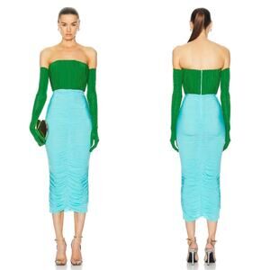 ALEX PERRY Strapless Ruched Jersey Green and Blue Midi Dress with Gloves Size 8